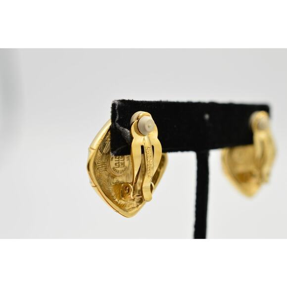 Givenchy Vintage Clip On Earrings Gold Black Enamel White Pearl Signed 1980s 9G - Picture 8 of 10